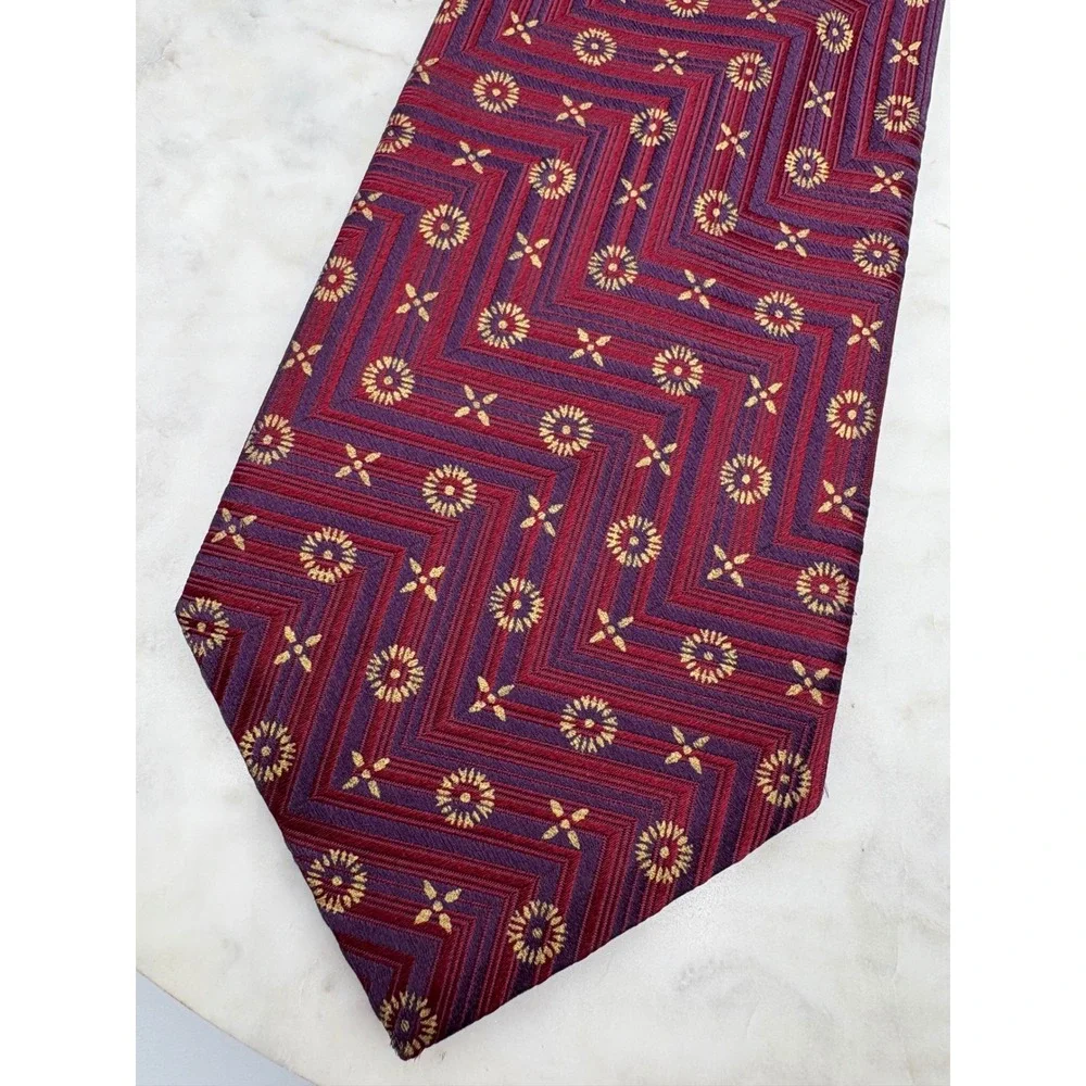 $250 Canali Men's Neck‎ Tie Silk Red Purple Geometric Pattern Italy 3.75